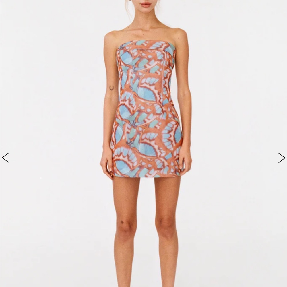 With Jean Strapless Mini Dress - Blue and Brown